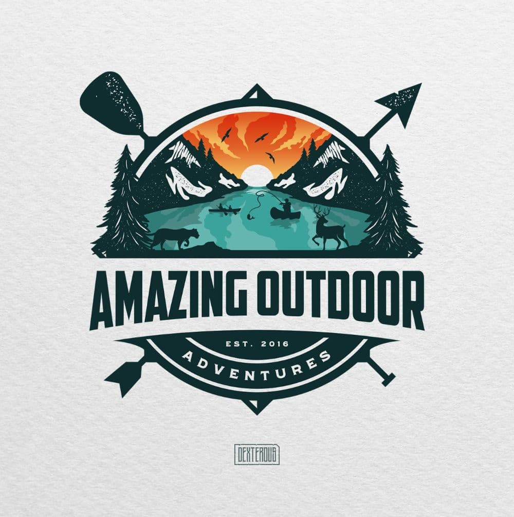 Outdoor adventures badge — a river valley at sunset