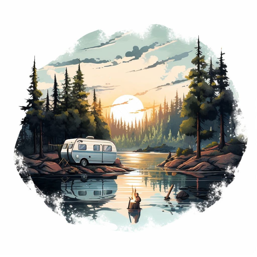 Lakeside camp badge — a camper van among pines